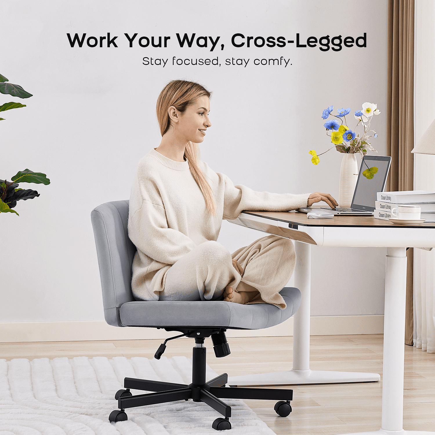 Criss Cross Chair: Modern Armless Office Chair, Desk Chair, Vanity Chair, Computer Chair for Home and Office,Grey