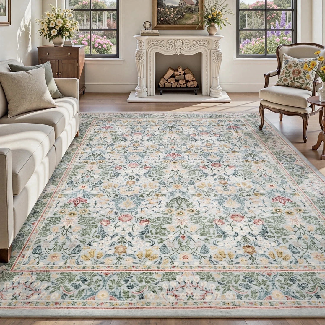 SIXHOME 10'x14' Floral Area Rug for Living Room, Washable Soft Non-Slip Traditional Carpet, Sage Green Botanical Rug for Bedroom Dining Room Home Decor Green