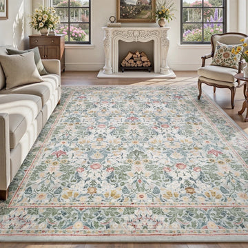 SIXHOME 10'x14' Floral Area Rug for Living Room, Washable Soft Non-Slip Traditional Carpet, Sage Green Botanical Rug for Bedroom Dining Room Home Decor Green