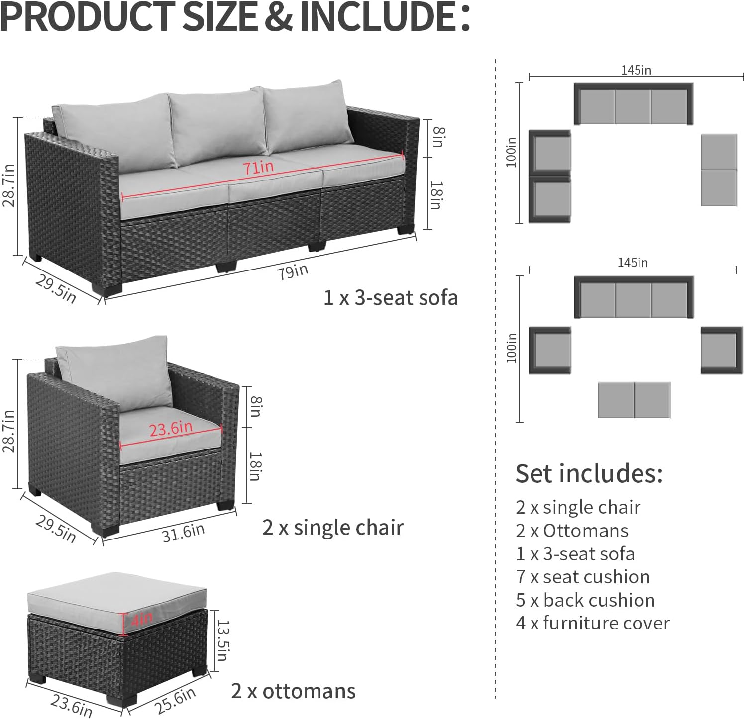 Outdoor Wicker Furniture Couch Set 5 Pieces, Patio Furniture Sectional Sofa with Royal Blue Cushions and Furniture Covers, Black Rattan