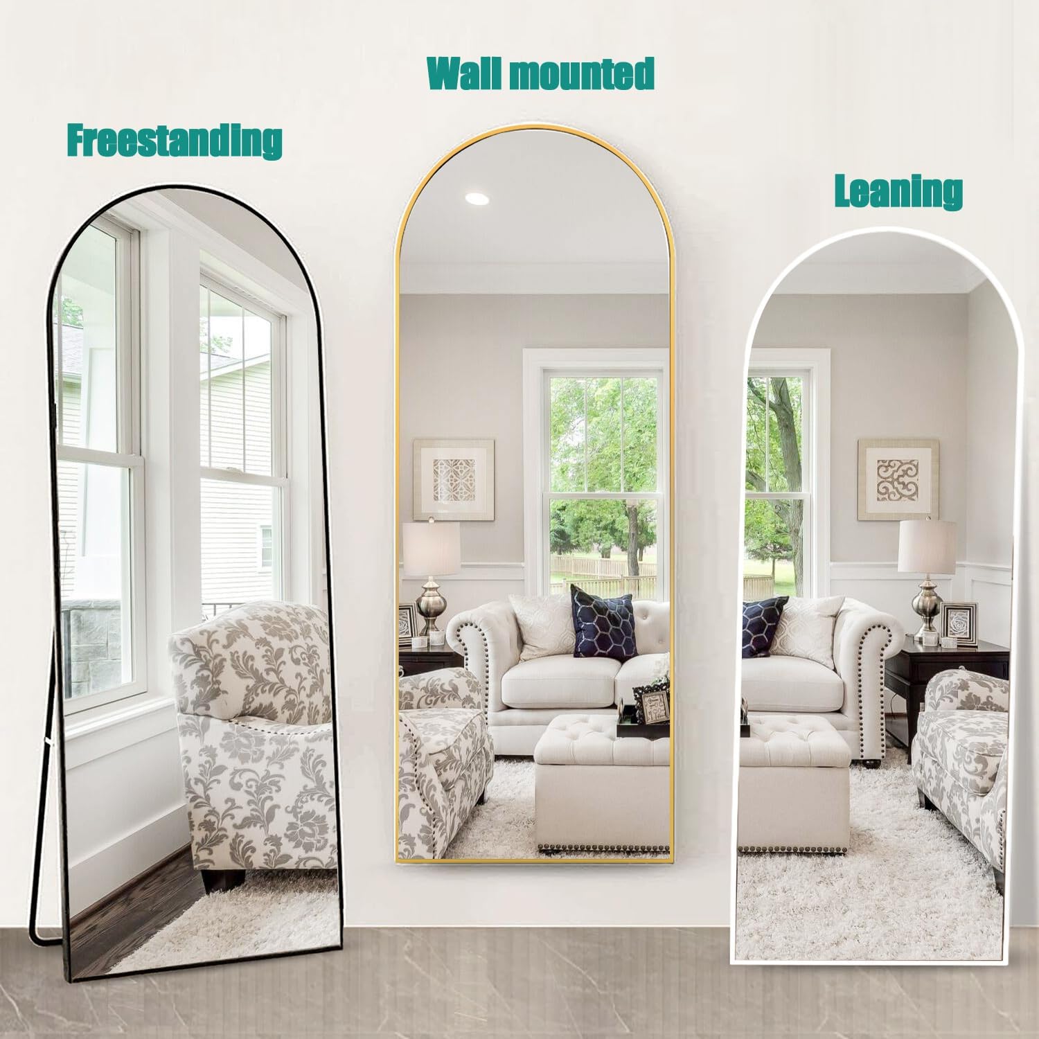 TinyTimes 65''x22'' Arched Full Length Mirror, Floor Mirror with Stand, Full Body Mirror, Wall Mirror, Modern & Contemporary Full Length Mirror, Aluminum Alloy Frame - Black