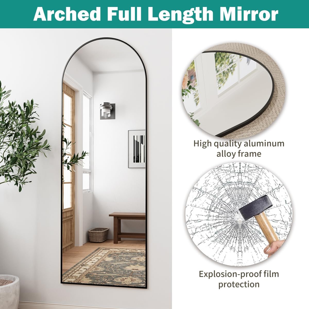 TinyTimes 65''x22'' Arched Full Length Mirror, Floor Mirror with Stand, Full Body Mirror, Wall Mirror, Modern & Contemporary Full Length Mirror, Aluminum Alloy Frame - Black
