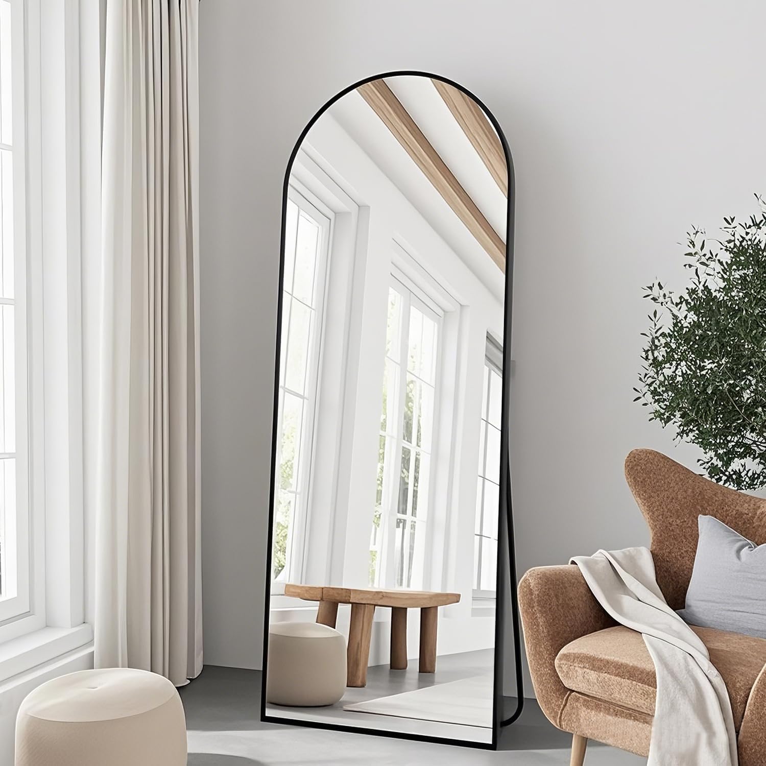 TinyTimes 65''x22'' Arched Full Length Mirror, Floor Mirror with Stand, Full Body Mirror, Wall Mirror, Modern & Contemporary Full Length Mirror, Aluminum Alloy Frame - Black