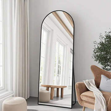 TinyTimes 65''x22'' Arched Full Length Mirror, Floor Mirror with Stand, Full Body Mirror, Wall Mirror, Modern & Contemporary Full Length Mirror, Aluminum Alloy Frame - Black