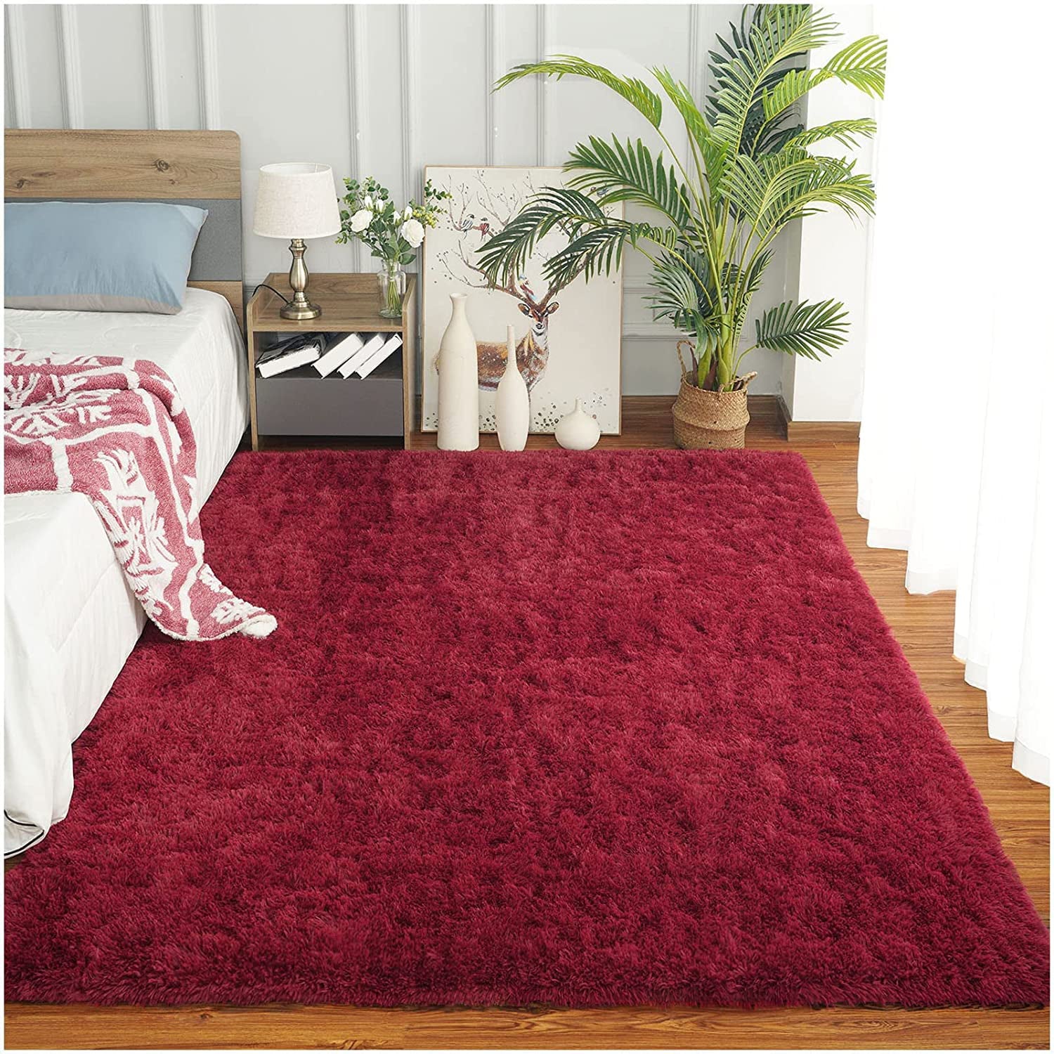 TWINNIS Shaggy Fuffly Area Rugs Super Soft Kids Carpet for Bedroom/Livingroom/Nursery Room,4’x6',Wine Red