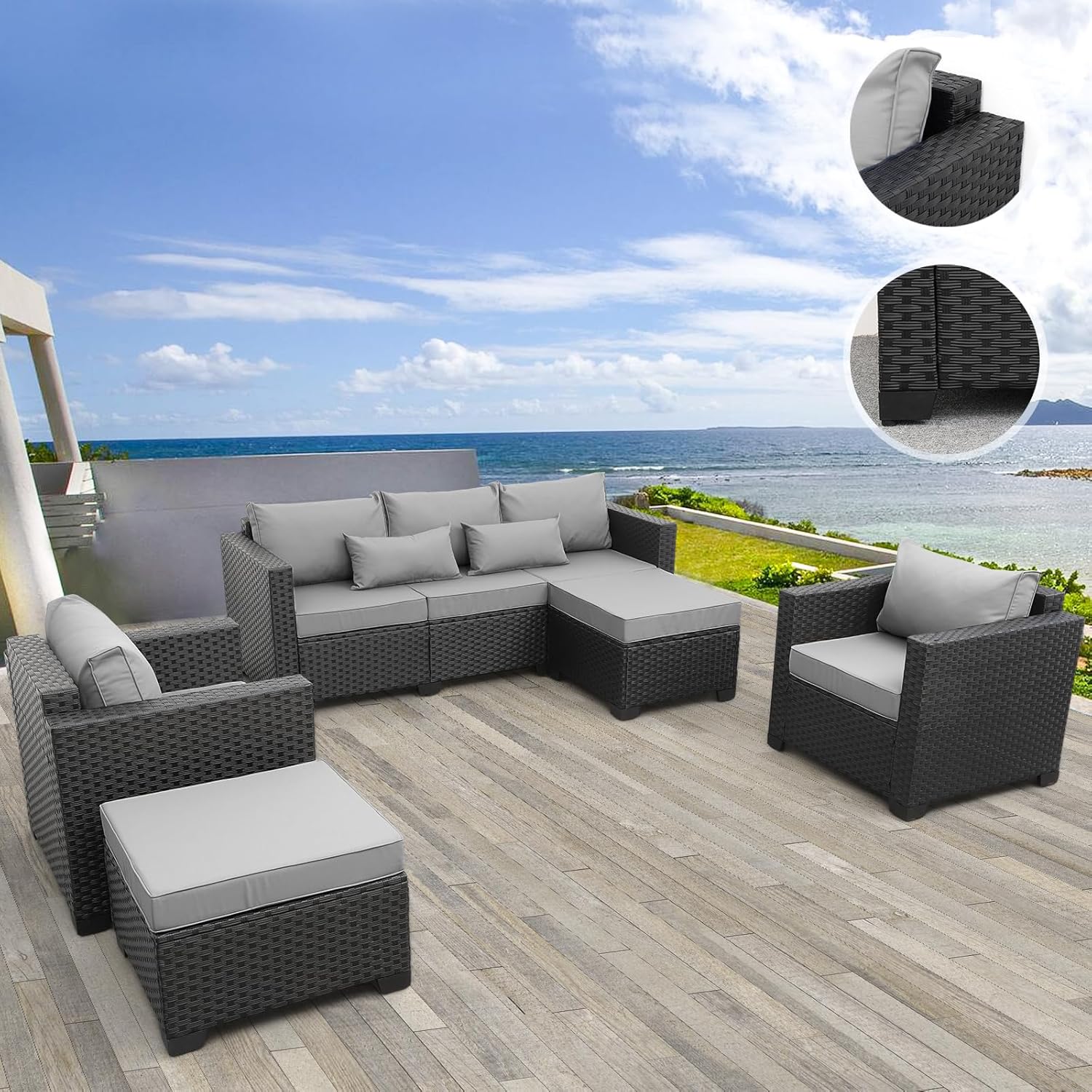 Outdoor Wicker Furniture Couch Set 5 Pieces, Patio Furniture Sectional Sofa with Royal Blue Cushions and Furniture Covers, Black Rattan