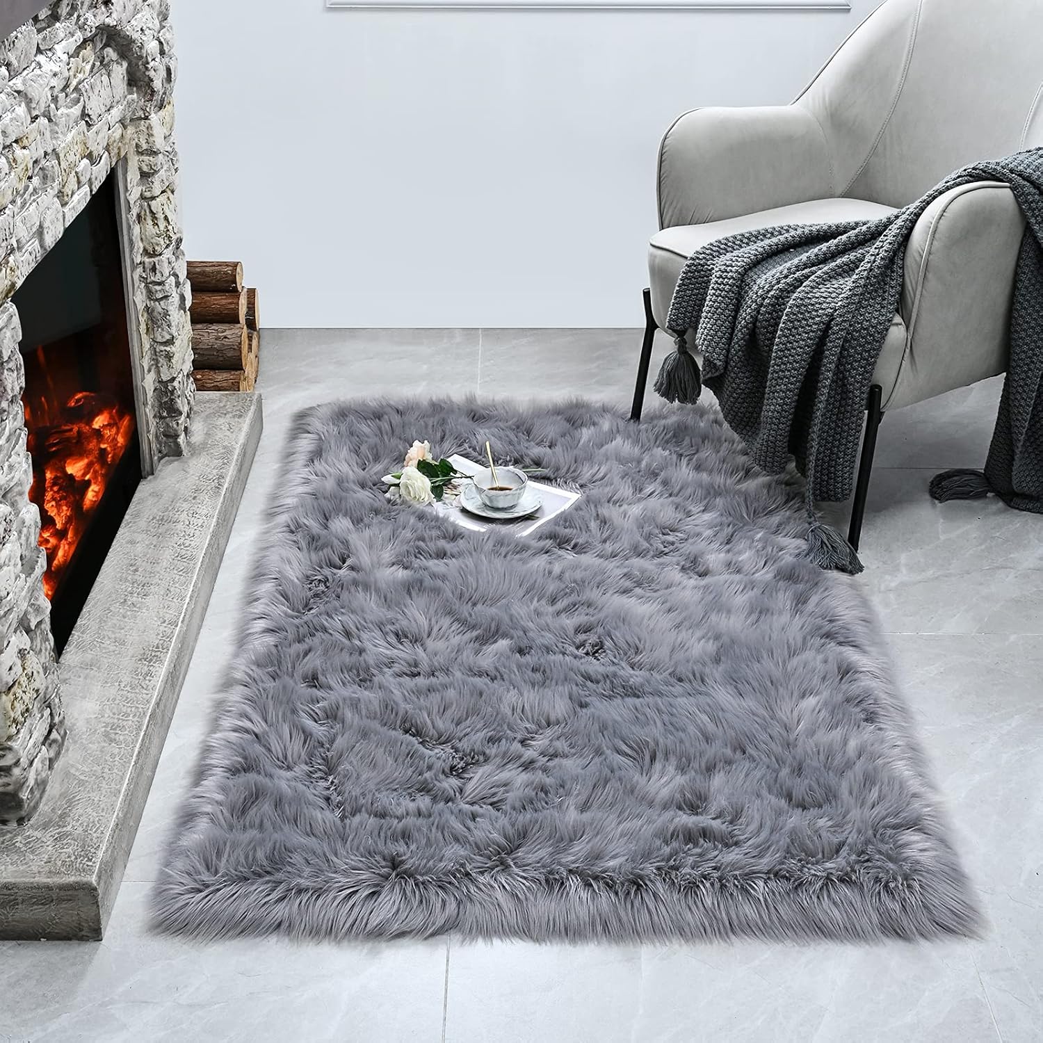 ISEAU Soft Faux Fur Fluffy Area Rug, Luxury Fuzzy Sheepskin Carpet Rugs for Bedroom Living Room, Shaggy Silky Plush Carpet Bedside Rug Floor Mat, 2ft x 4ft, Gray