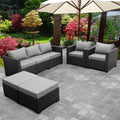 Outdoor Wicker Furniture Couch Set 5 Pieces, Patio Furniture Sectional Sofa with Royal Blue Cushions and Furniture Covers, Black Rattan
