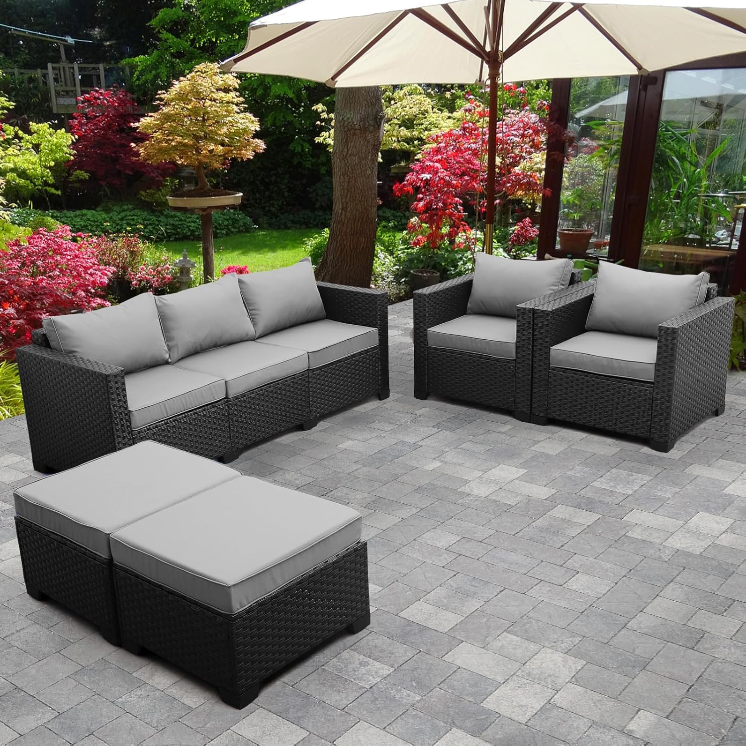 Outdoor Wicker Furniture Couch Set 5 Pieces, Patio Furniture Sectional Sofa with Royal Blue Cushions and Furniture Covers, Black Rattan