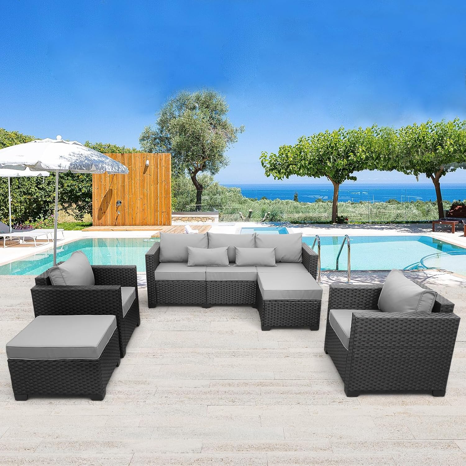 Outdoor Wicker Furniture Couch Set 5 Pieces, Patio Furniture Sectional Sofa with Royal Blue Cushions and Furniture Covers, Black Rattan