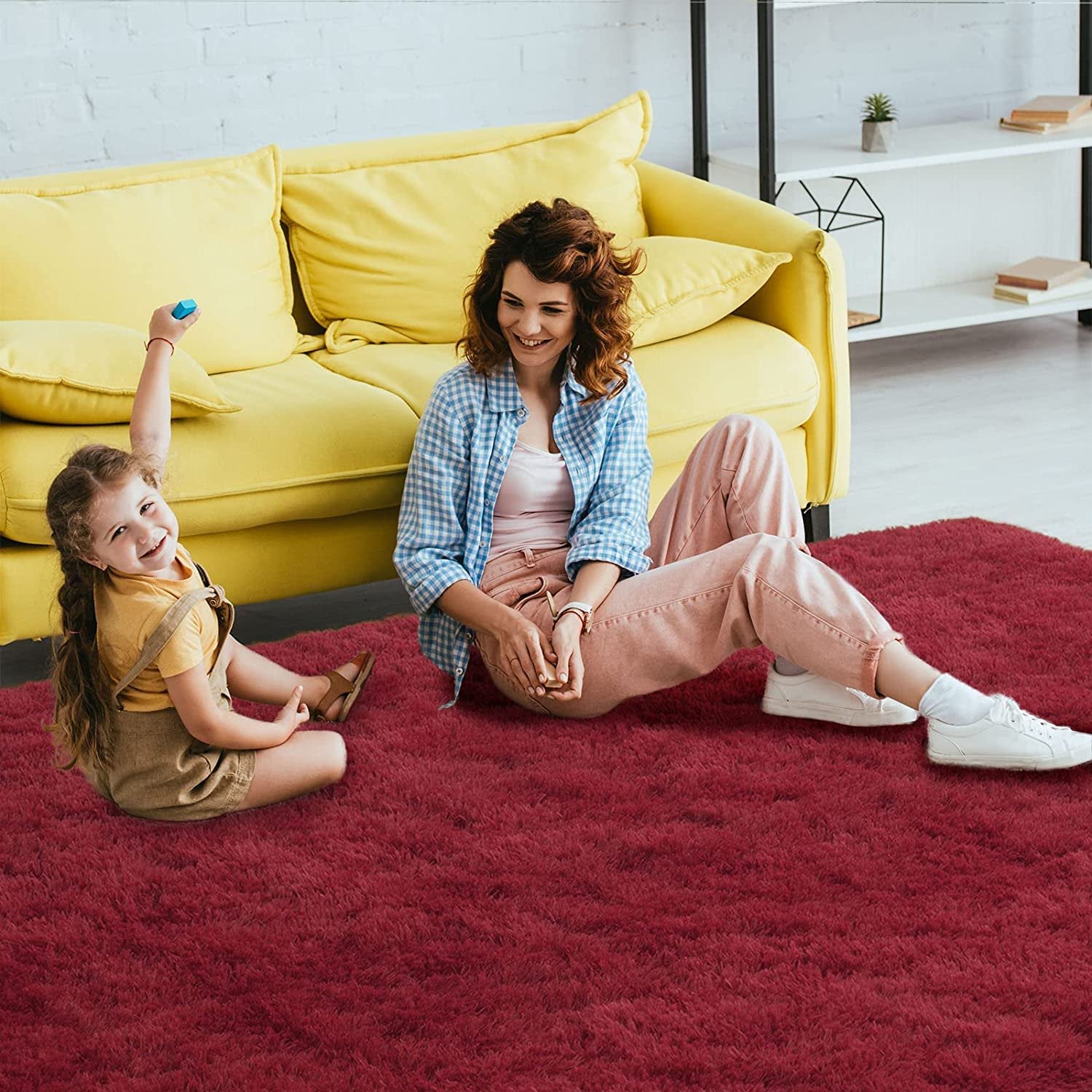 TWINNIS Shaggy Fuffly Area Rugs Super Soft Kids Carpet for Bedroom/Livingroom/Nursery Room,4’x6',Wine Red