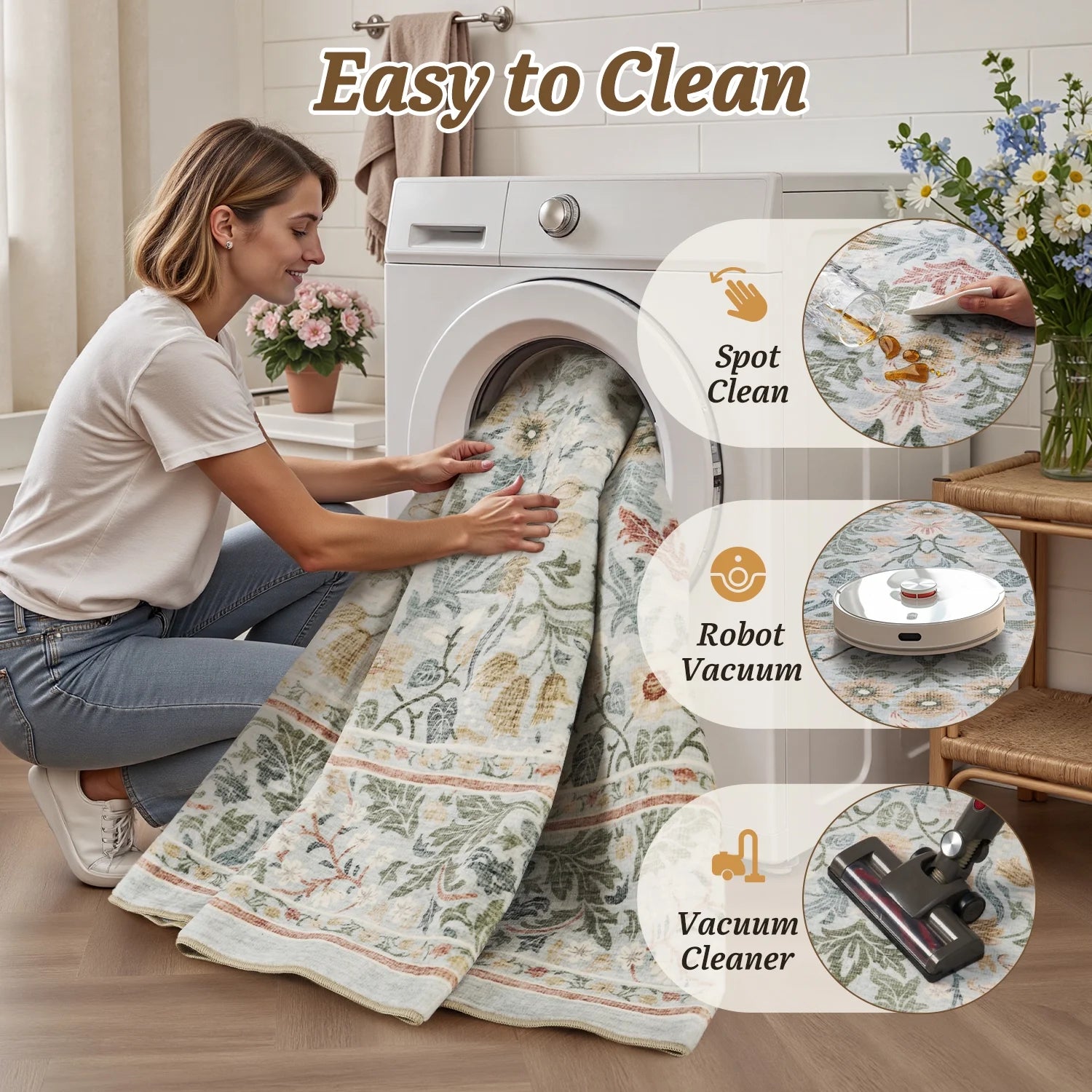 SIXHOME 10'x14' Floral Area Rug for Living Room, Washable Soft Non-Slip Traditional Carpet, Sage Green Botanical Rug for Bedroom Dining Room Home Decor Green