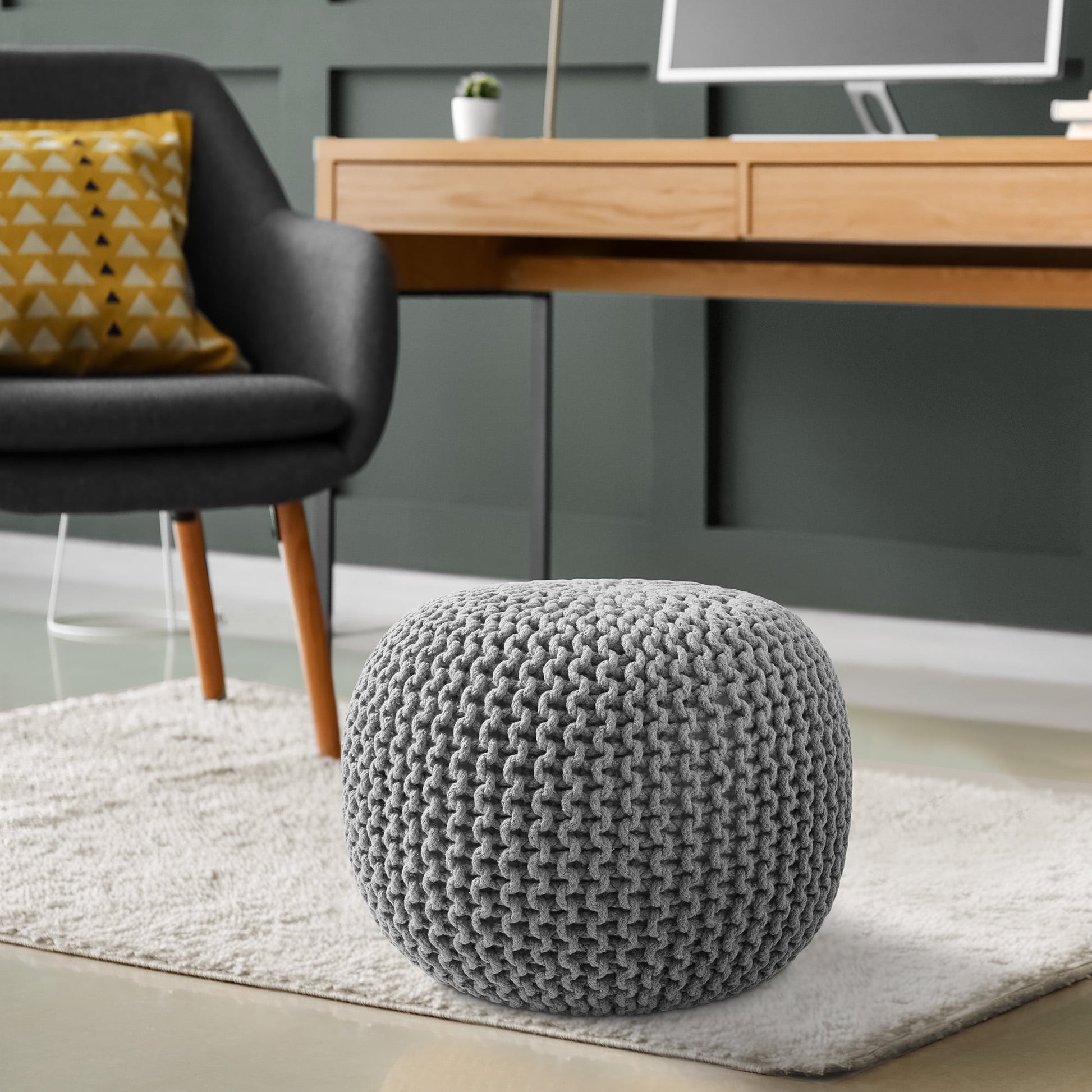 Casafield Round Pouf Ottoman, Navy Blue - 20" Dia x 14.5" High Cotton Knit Foot Stool - Boho Floor Pouffe for Living Room