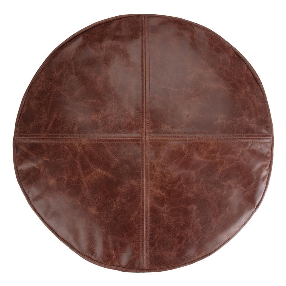Connor Boho Round Pouf in Distressed Brown Genuine Leather