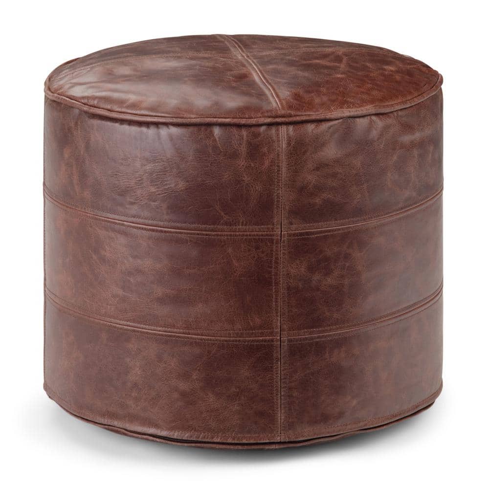 Connor Boho Round Pouf in Distressed Brown Genuine Leather